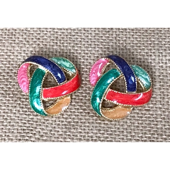 Vintage Jewelry - Vintage Colorful Infinity Knot Enamel Statement Earrings Maximalist Boho Whimsy